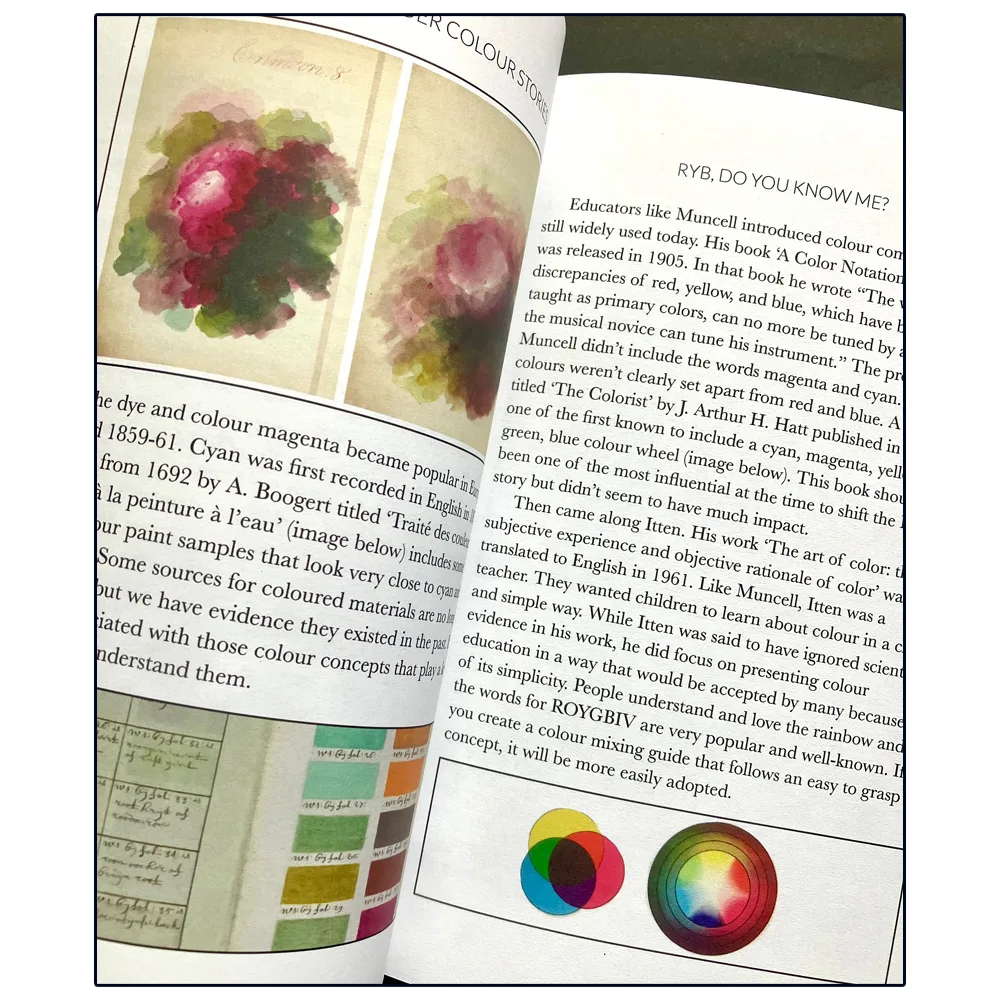 Open book displaying colour theory illustrations and text