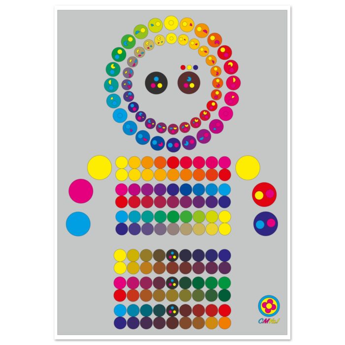 Colourful robot made of circles on grey background