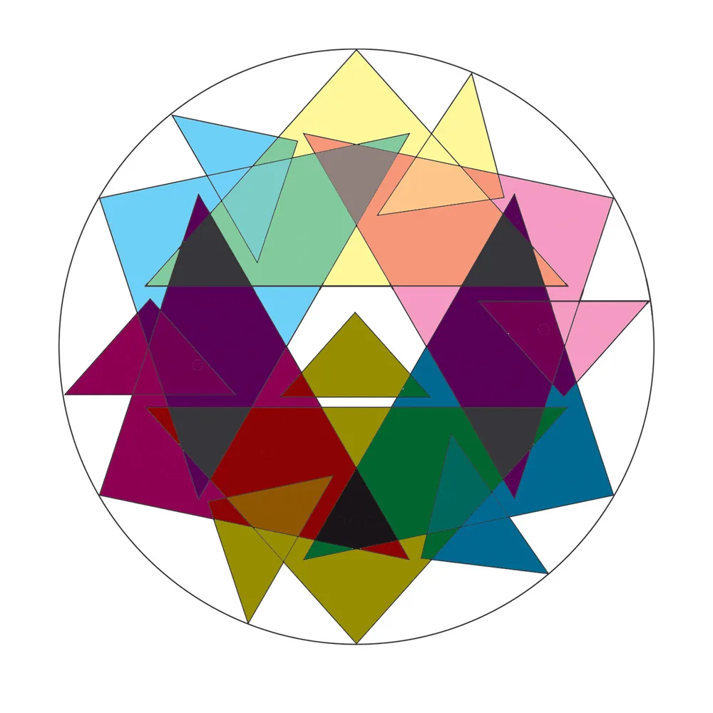 Overlapping colourful triangles inside circular outline