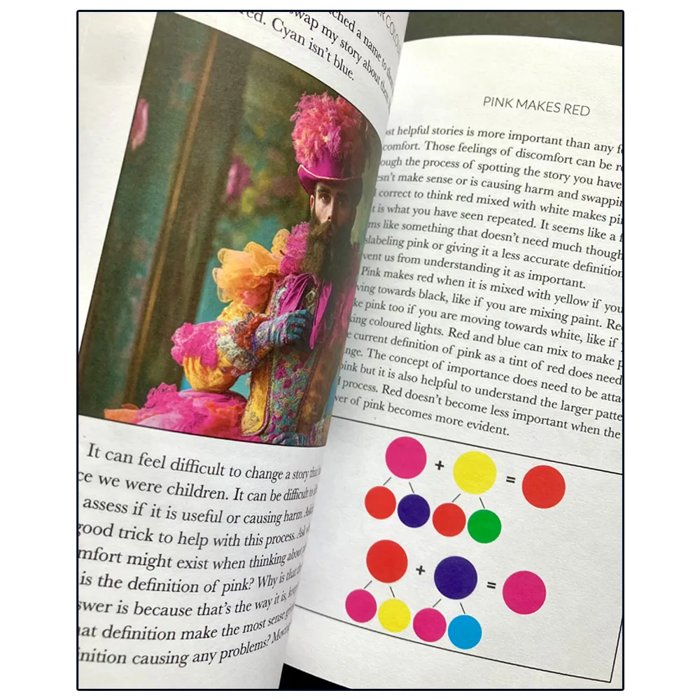 Open book with colourful portrait and colour diagrams