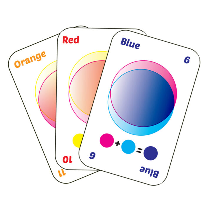 Three colourful game cards with numbers.