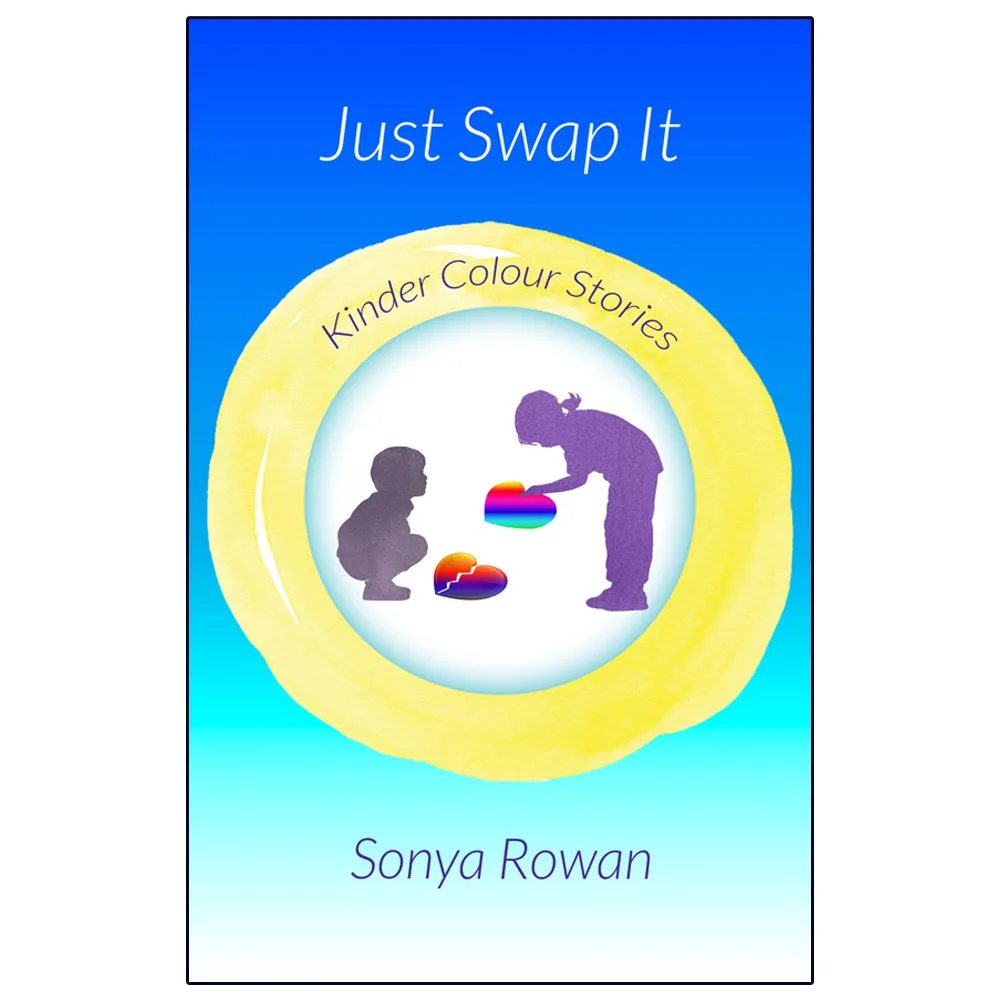 Children swapping rainbow hearts on blue book cover