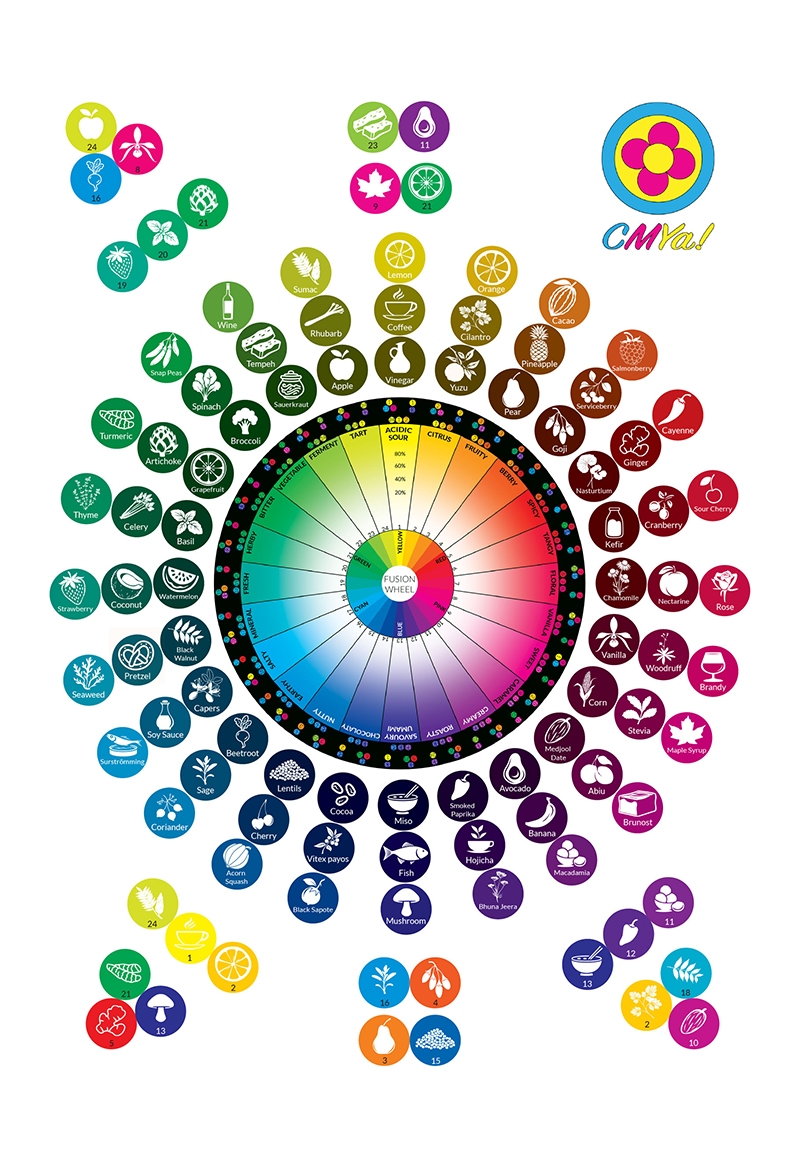 Colourful flavour fusion wheel and food icons.