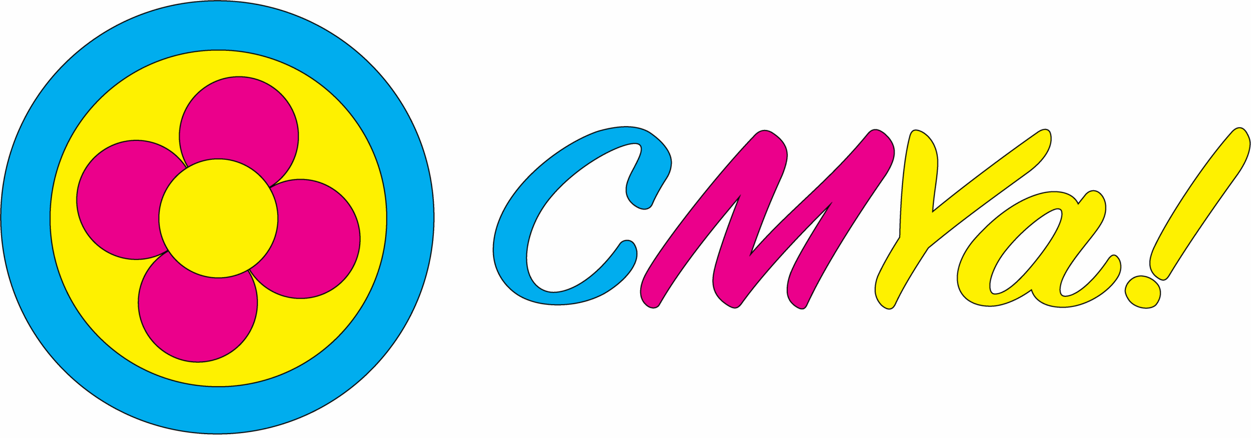 CMYa! logo with a circle on the right with a cyan outer ring and a yellow inner circle that contains a magenta flower with a yellow circle at center. The work CMYa! is to the right, with the C in cyan, M in magenta, and Ya! in yellow
