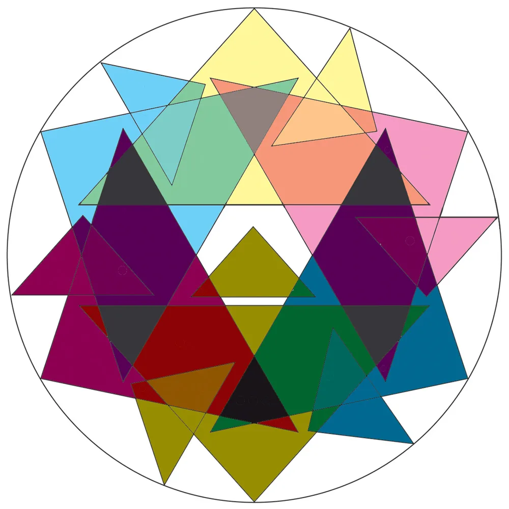 Colourful overlapping triangles inside a circular outline