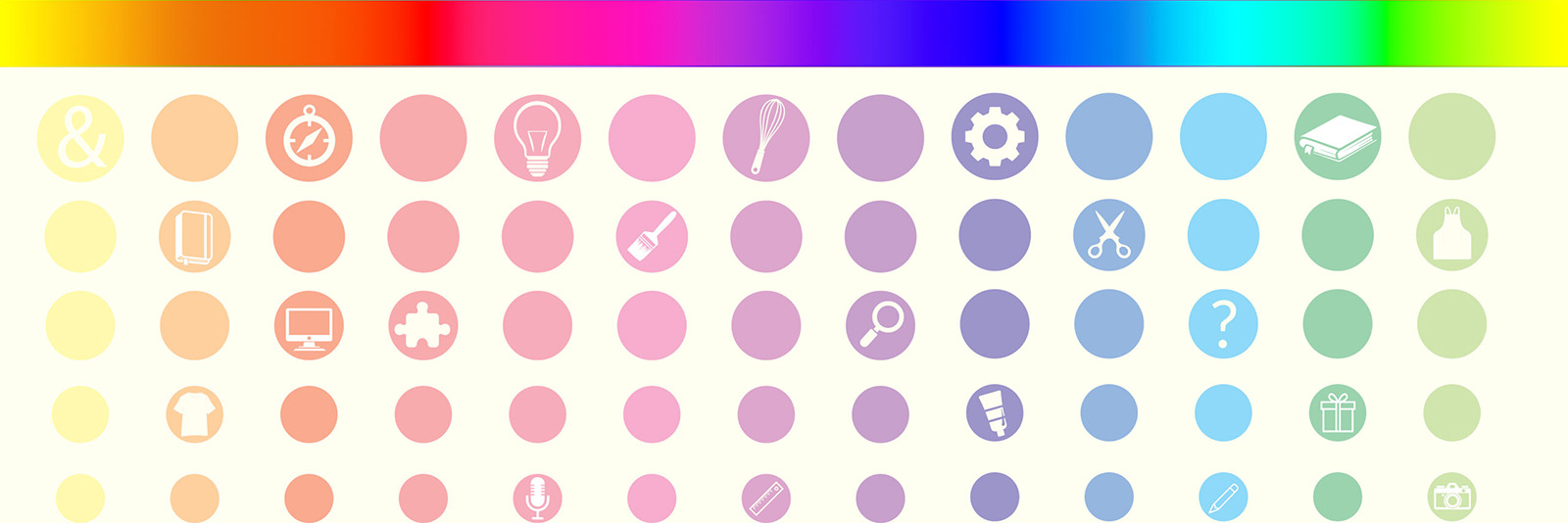 at top running full width is narrow strip of a color spectrum of yellow, orange, red, magenta, purple, blue, cyan, green, yellow. Below the spectrum are 5 rows of circles coloured in columns that match the color of the spectrum above, with each row down having smaller circles. Some circles have icons for inspiration such as a paint brush, puzzle piece, whisk, present, camera, and more