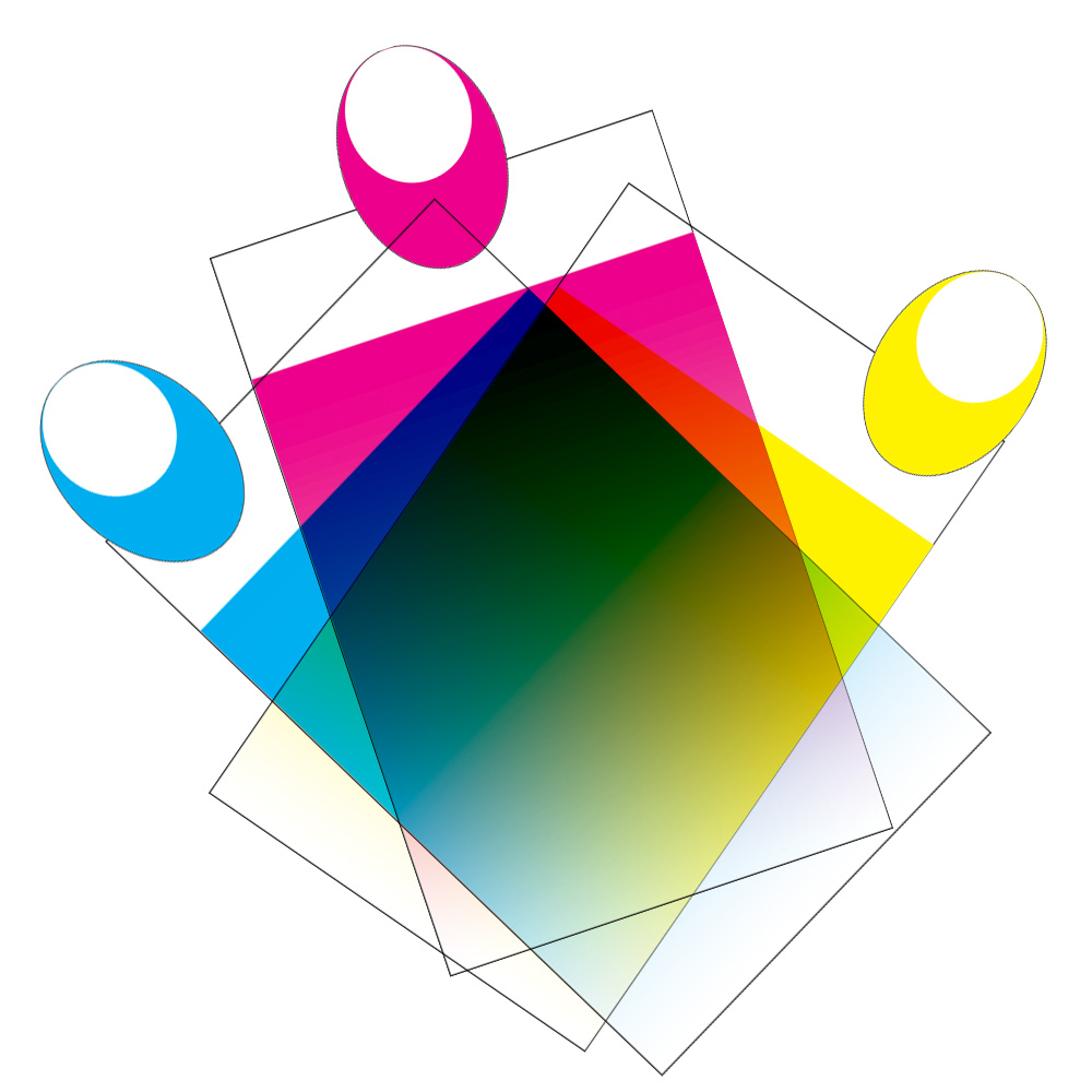 Overlapping colourful geometric shapes with central gradient square