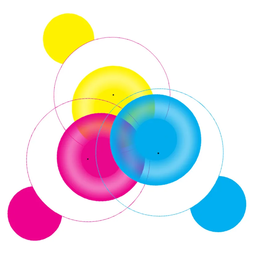 Abstract overlapping colourful circles in yellow, pink, blue