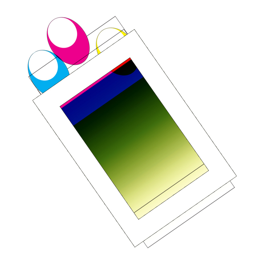 CMYK ink cartridges above printed colour photo