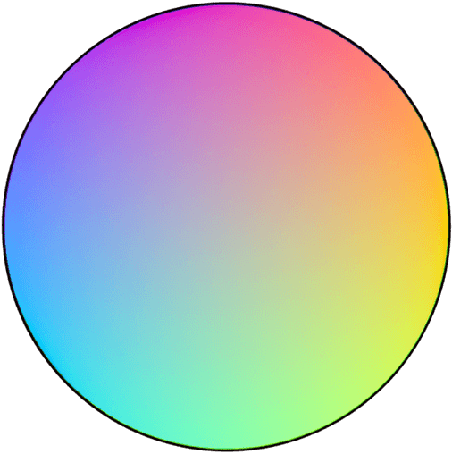 circle with lots of colour gradients across the circle as a demonstration of a color dial formed from the overlap of three primary colours - this dial is using red, green, blue.