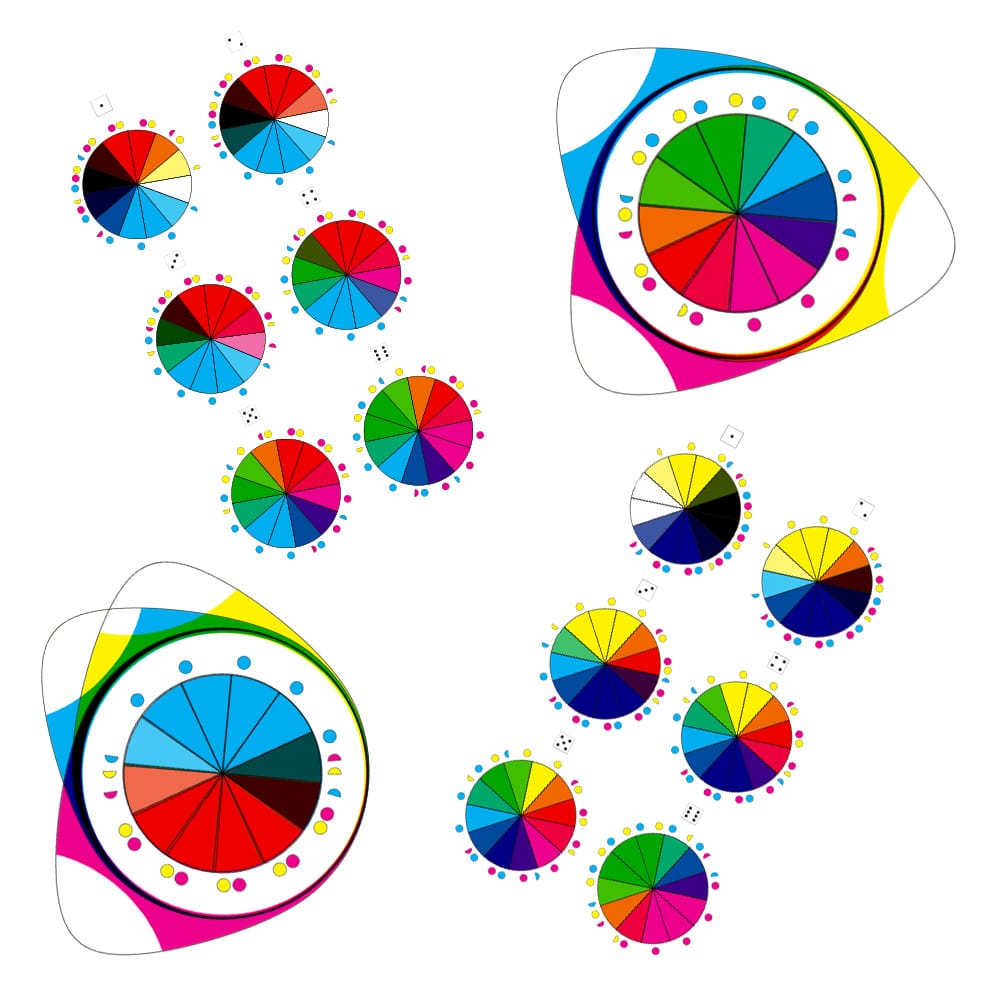 Colourful circular colour wheels and abstract patterns