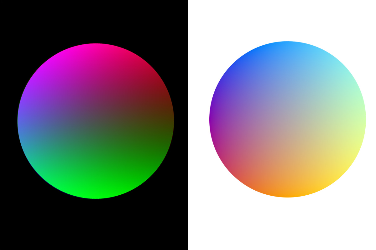 Two colourful gradient spheres on black and white